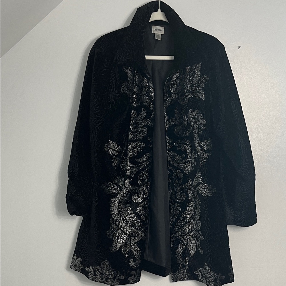 Chico's Black Velvet Jacket with Silver Floral Embellishment